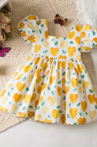White & yellow heart print cotton puff sleeve fit & flare dress for girls
