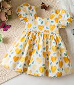 White & yellow heart print cotton puff sleeve fit & flare dress for girls