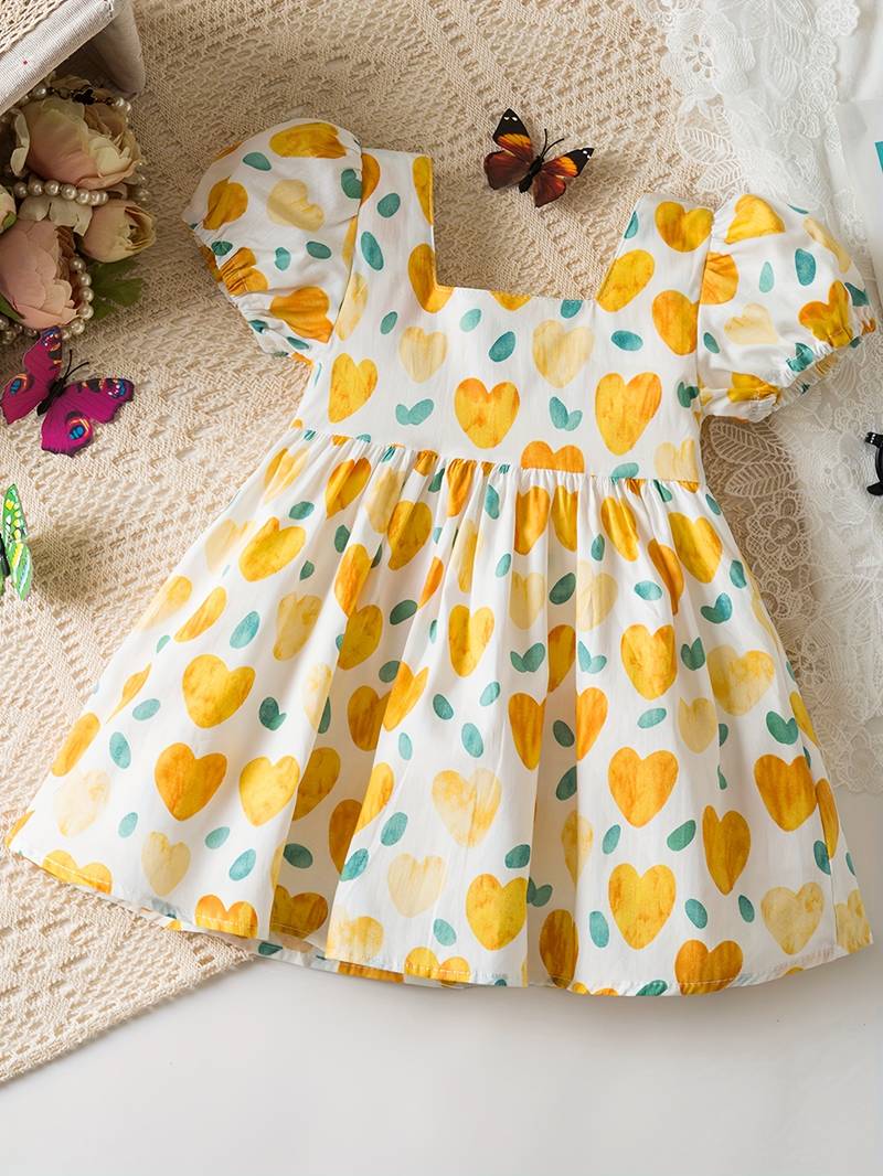 White & yellow heart print cotton puff sleeve fit & flare dress for girls