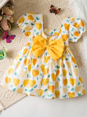 White & yellow heart print cotton puff sleeve fit & flare dress for girls 2