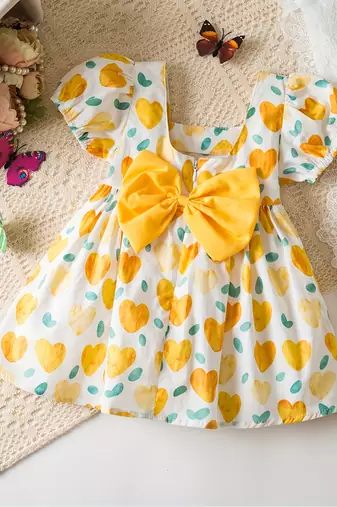 White & yellow heart print cotton puff sleeve fit & flare dress for girls