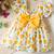 White & yellow heart print cotton puff sleeve fit & flare dress for girls
