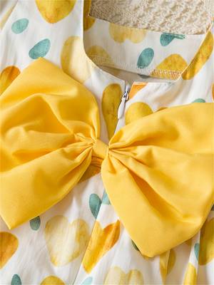 White & yellow heart print cotton puff sleeve fit & flare dress for girls 3