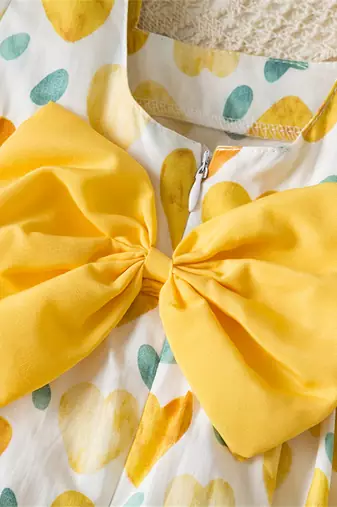 White & yellow heart print cotton puff sleeve fit & flare dress for girls