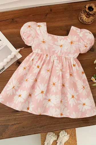 Peach pink floral print cotton puff sleeve fit & flare dress for girls