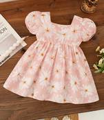 Peach pink floral print cotton puff sleeve fit & flare dress for girls