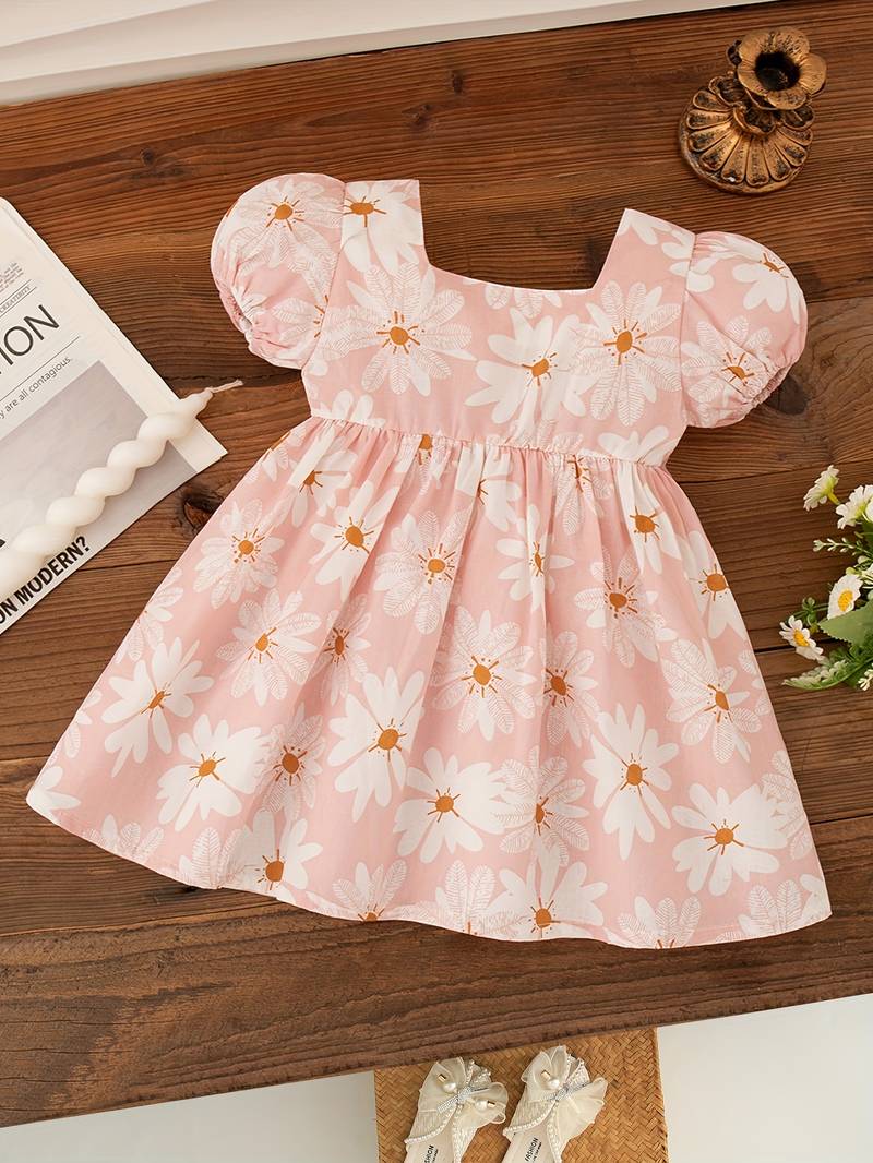 Peach pink floral print cotton puff sleeve fit & flare dress for girls