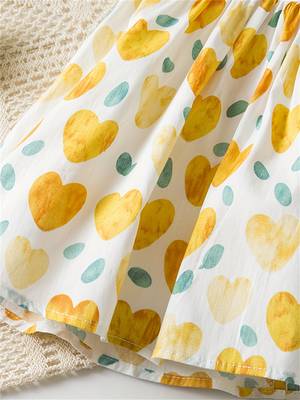 White & yellow heart print cotton puff sleeve fit & flare dress for girls 4