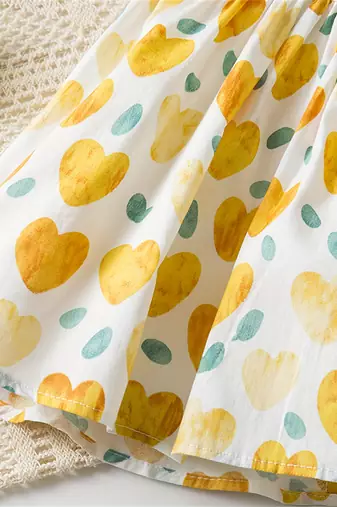 White & yellow heart print cotton puff sleeve fit & flare dress for girls