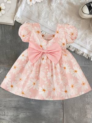 Peach pink floral print cotton puff sleeve fit & flare dress for girls 2