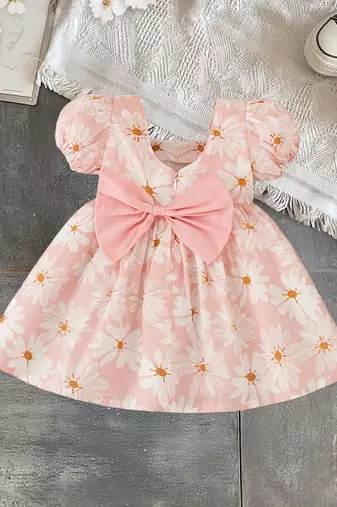 Peach pink floral print cotton puff sleeve fit & flare dress for girls