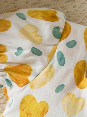 White & yellow heart print cotton puff sleeve fit & flare dress for girls 5