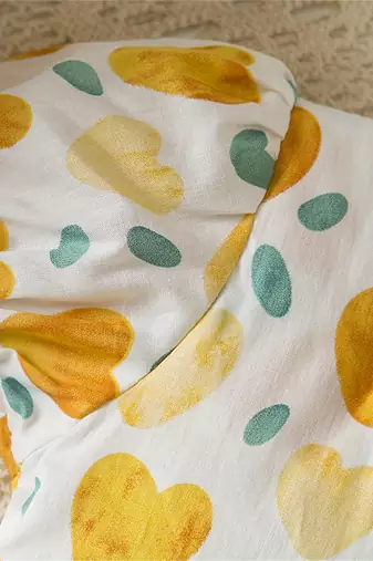 White & yellow heart print cotton puff sleeve fit & flare dress for girls