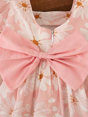 Peach pink floral print cotton puff sleeve fit & flare dress for girls 3