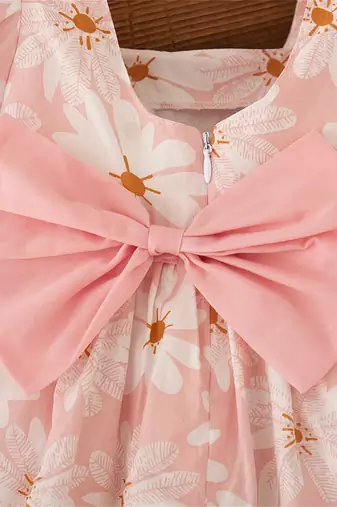 Peach pink floral print cotton puff sleeve fit & flare dress for girls
