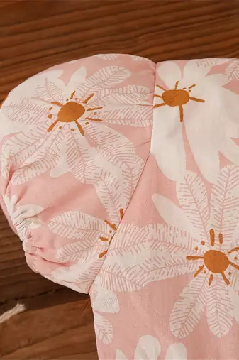 Peach pink floral print cotton puff sleeve fit & flare dress for girls