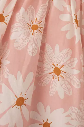 Peach pink floral print cotton puff sleeve fit & flare dress for girls