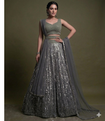 elegant grey sequin embroidered partywear lehenga with sweetheart neck blouse 1