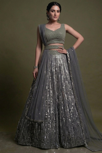 elegant grey sequin embroidered partywear lehenga with sweetheart neck blouse