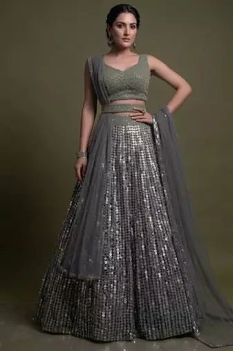 Elegant Grey Heavy Sequin Embroidered A-Line Lehenga with Sweetheart Neck Blouse
