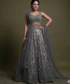 elegant grey sequin embroidered partywear lehenga with sweetheart neck blouse