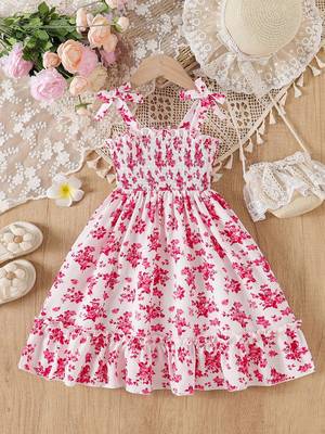 Red floral print rayon smocked fit & flare midi dress for girls 1