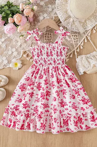 Red floral print rayon smocked fit & flare midi dress for girls
