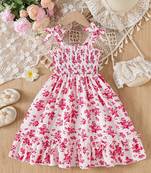 Red floral print rayon smocked fit & flare midi dress for girls