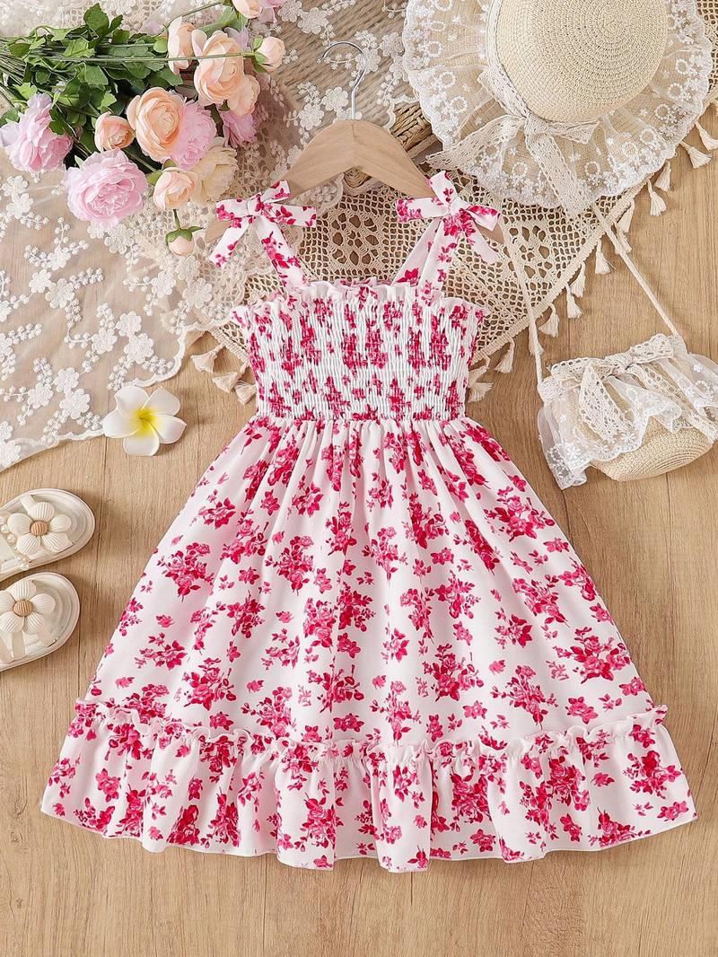 Red floral print rayon smocked fit & flare midi dress for girls
