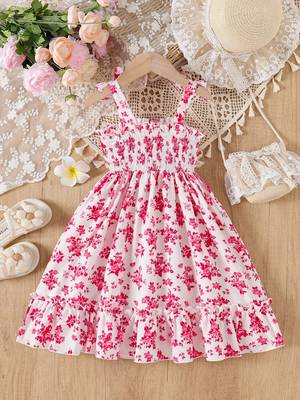 Red floral print rayon smocked fit & flare midi dress for girls 2