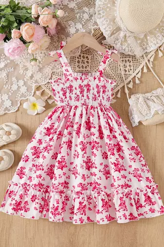 Red floral print rayon smocked fit & flare midi dress for girls