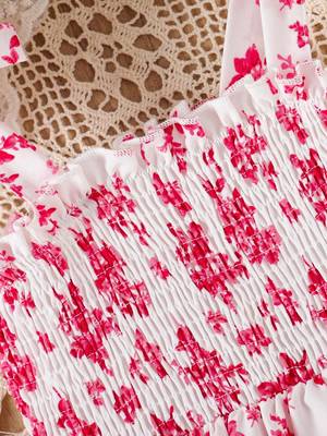 Red floral print rayon smocked fit & flare midi dress for girls 3