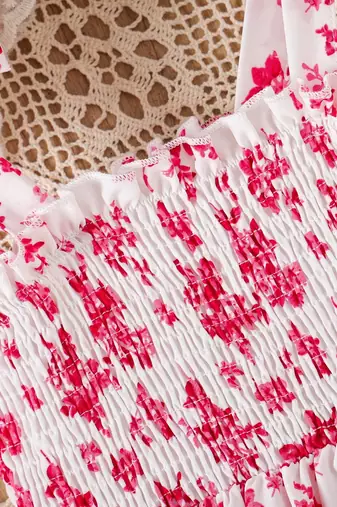 Red floral print rayon smocked fit & flare midi dress for girls