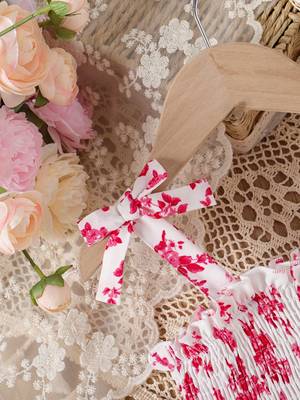 Red floral print rayon smocked fit & flare midi dress for girls 4