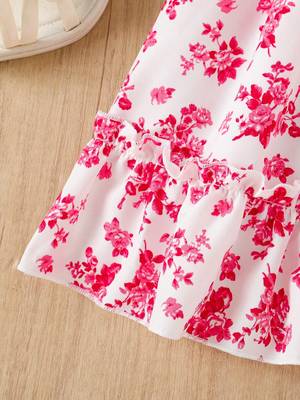 Red floral print rayon smocked fit & flare midi dress for girls 5