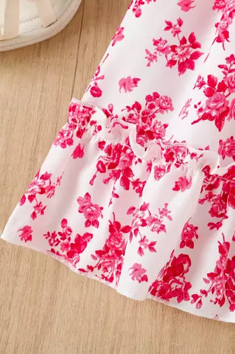 Red floral print rayon smocked fit & flare midi dress for girls