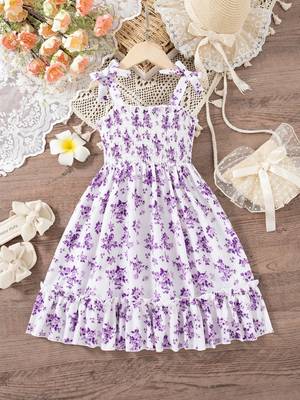 purple floral print rayon smocked fit & flare midi dress for girls 1