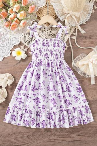 purple floral print rayon smocked fit & flare midi dress for girls