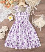 purple floral print rayon smocked fit & flare midi dress for girls