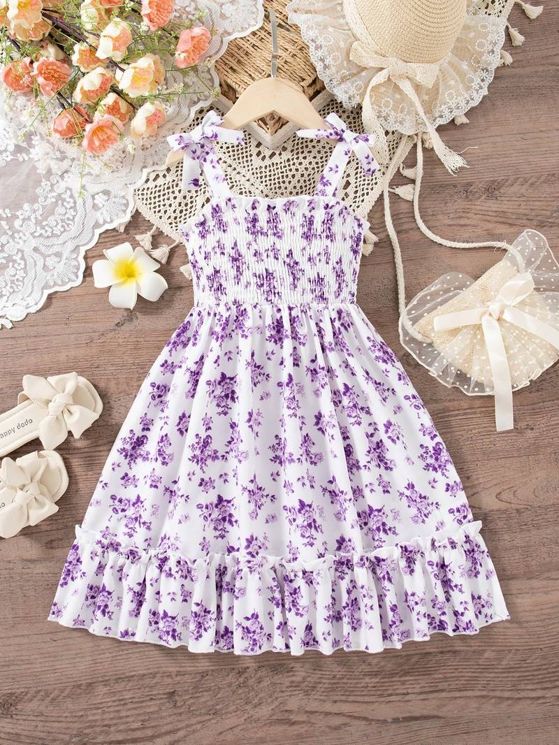 purple floral print rayon smocked fit & flare midi dress for girls