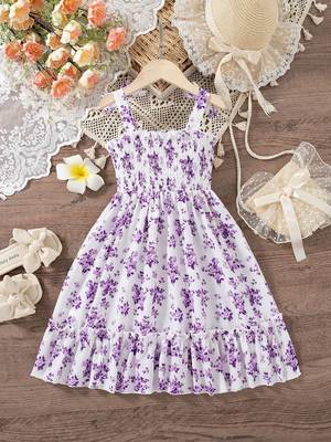 purple floral print rayon smocked fit & flare midi dress for girls 2
