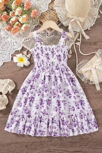 purple floral print rayon smocked fit & flare midi dress for girls
