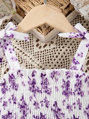 purple floral print rayon smocked fit & flare midi dress for girls 3