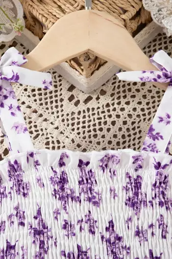 purple floral print rayon smocked fit & flare midi dress for girls