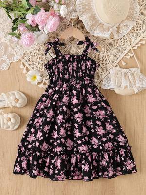 Black floral print rayon smocked fit & flare midi dress for girls 1