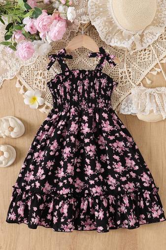 Black floral print rayon smocked fit & flare midi dress for girls