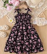 Black floral print rayon smocked fit & flare midi dress for girls