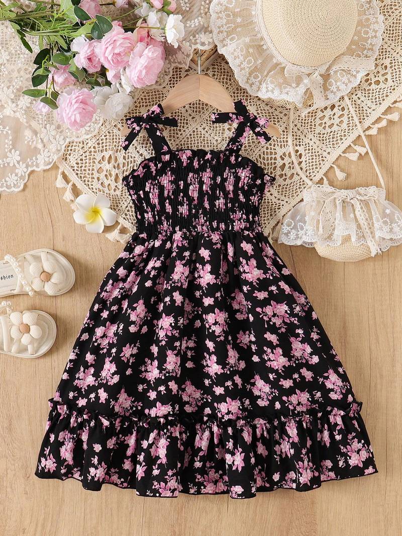 Black floral print rayon smocked fit & flare midi dress for girls