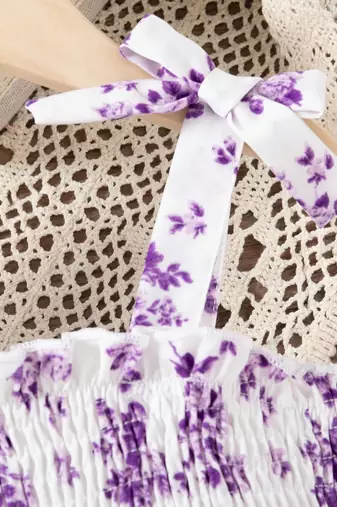purple floral print rayon smocked fit & flare midi dress for girls