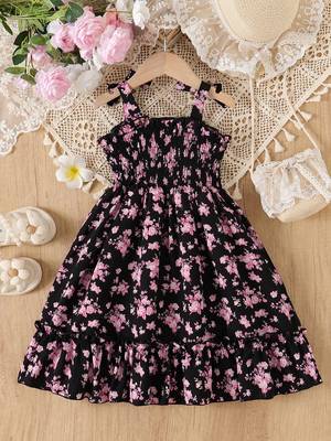 Black floral print rayon smocked fit & flare midi dress for girls 2